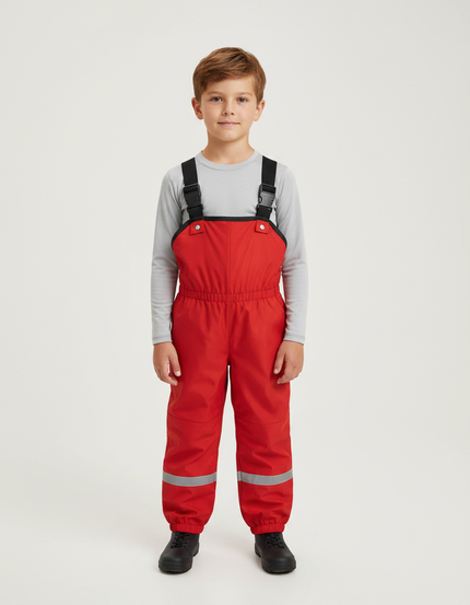 Pantalon Randonnée Rouge Bretelles Imperméable Réfléchissant Enfant - Polyester