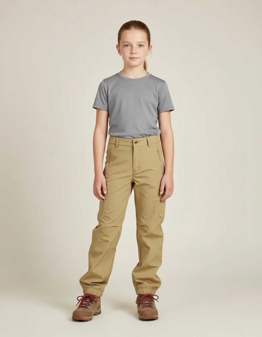 Pantalon Randonnée Kaki Confortable Multipoches Enfant - Polyester