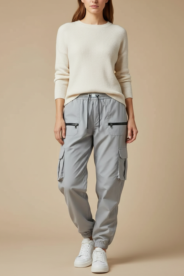 Pantalon Randonnée Gris Cargo Zippé Cordon Ample Femme - Polyester