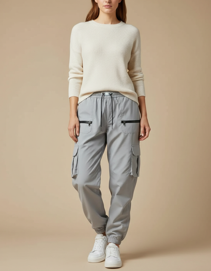 Pantalon Randonnée Gris Cargo Zippé Cordon Ample Femme - Polyester