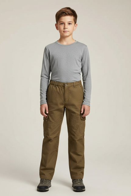 Pantalon Randonnée Kaki Coton Cargo Multi-Poches Enfant