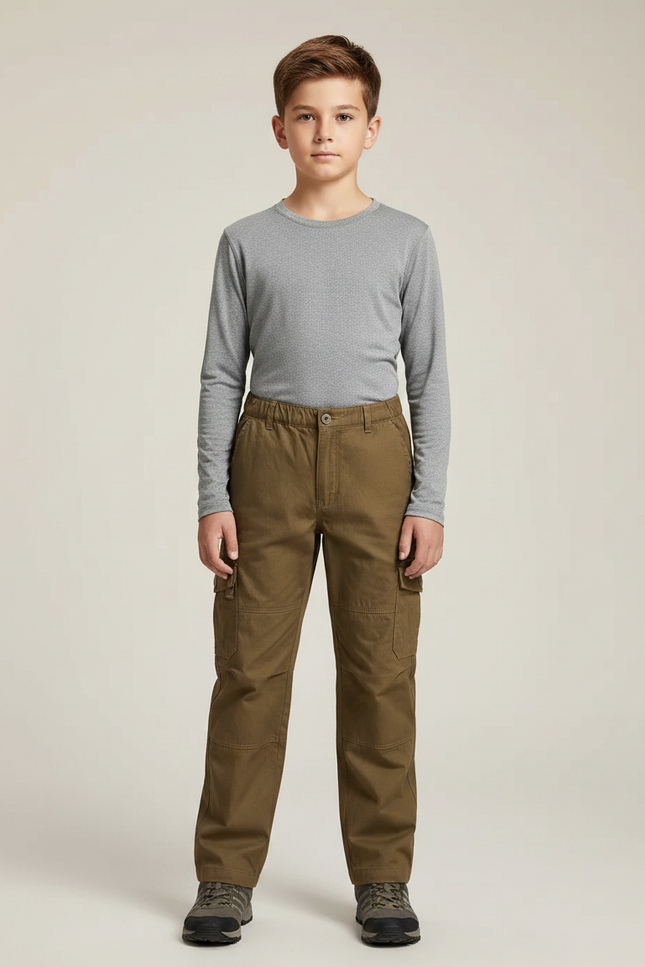 Pantalon Randonnée Kaki Coton Cargo Multi-Poches Enfant