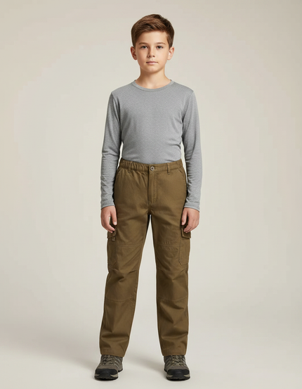 Pantalon Randonnée Kaki Coton Cargo Multi-Poches Enfant