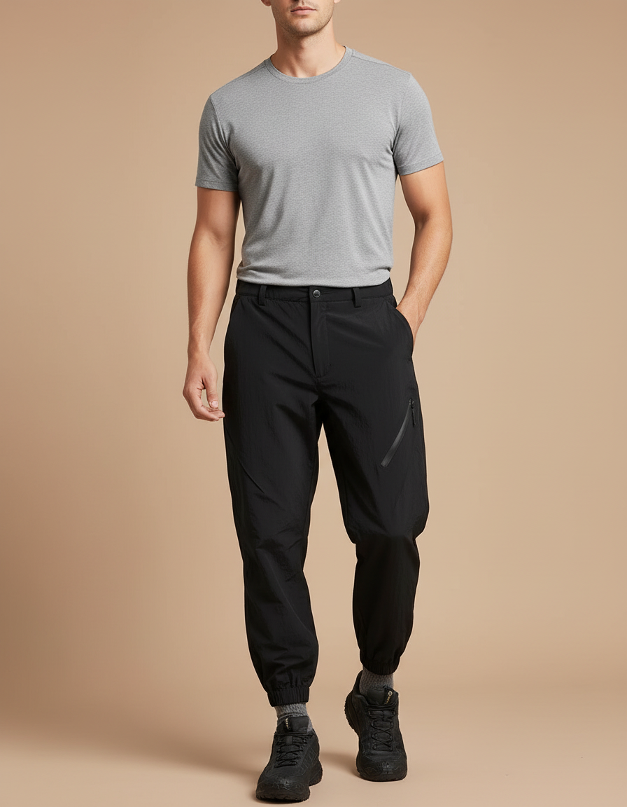 Pantalon Randonnée Noir Léger Jogger Zippé Homme - Polyester