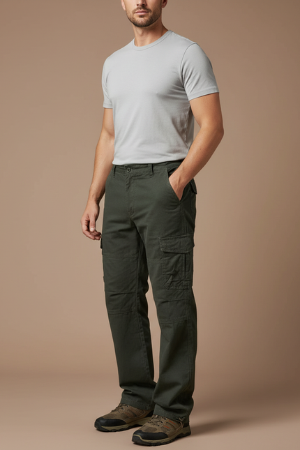 Pantalon Randonnée Vert Militaire Cargo Ample Homme - Kaki Toile