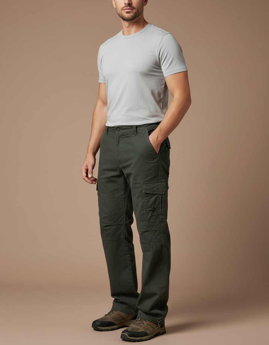 Pantalon Randonnée Vert Militaire Cargo Ample Homme - Kaki Toile
