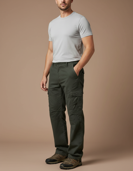 Pantalon Randonnée Vert Militaire Cargo Ample Homme - Kaki Toile
