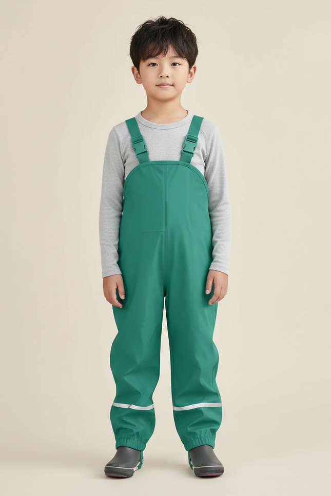 Pantalon Randonnée Vert Enfant Imperméable Salopette Réfléchissant - Polyester