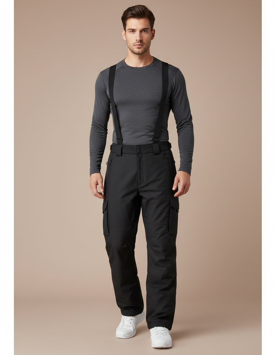 Pantalon Randonnée Noir Bretelles Ample Hiver Homme - Polyester