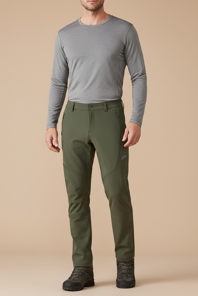 Pantalon Randonnée Homme Vert Kaki Softshell Chaud - Polyester