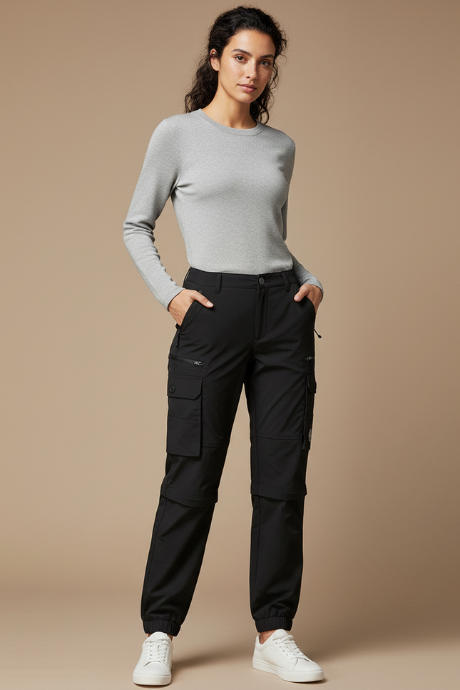 Pantalon Randonnée Noir Cargo Femme Convertible - Polyester