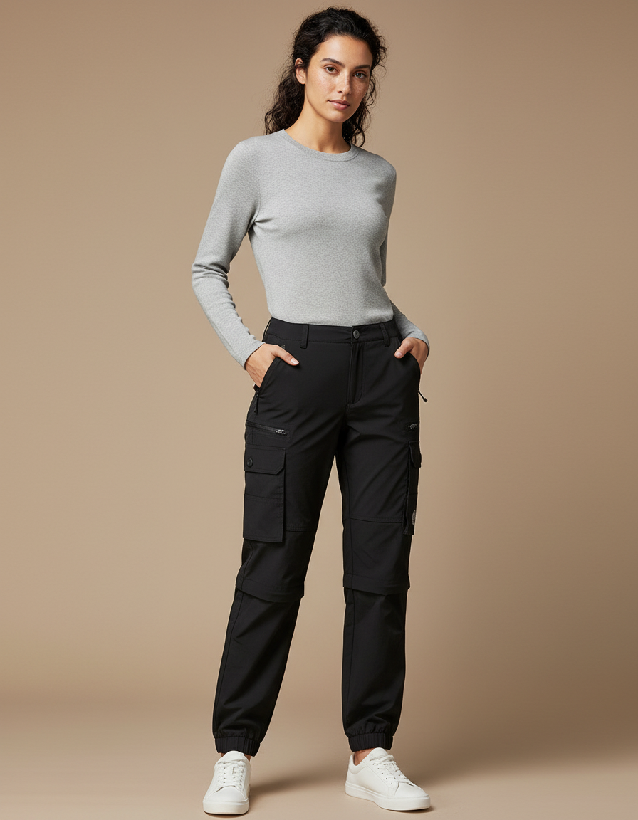 Pantalon Randonnée Noir Cargo Femme Convertible - Polyester