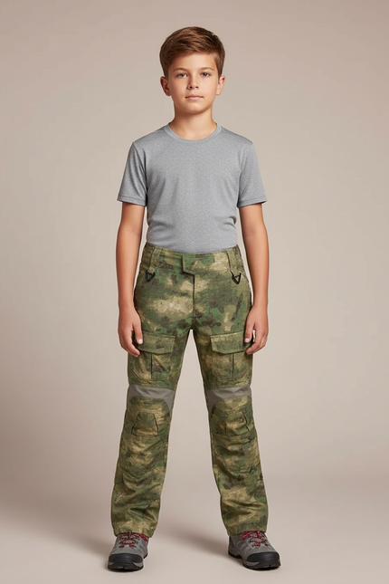 Pantalon Randonnée Camouflage Cargo Enfant Renforcé Multipoches - Kaki Polyester