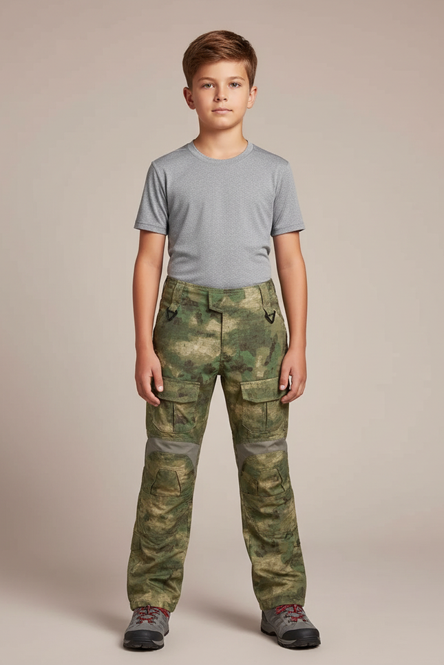 Pantalon Randonnée Camouflage Cargo Enfant Renforcé Multipoches - Kaki Polyester