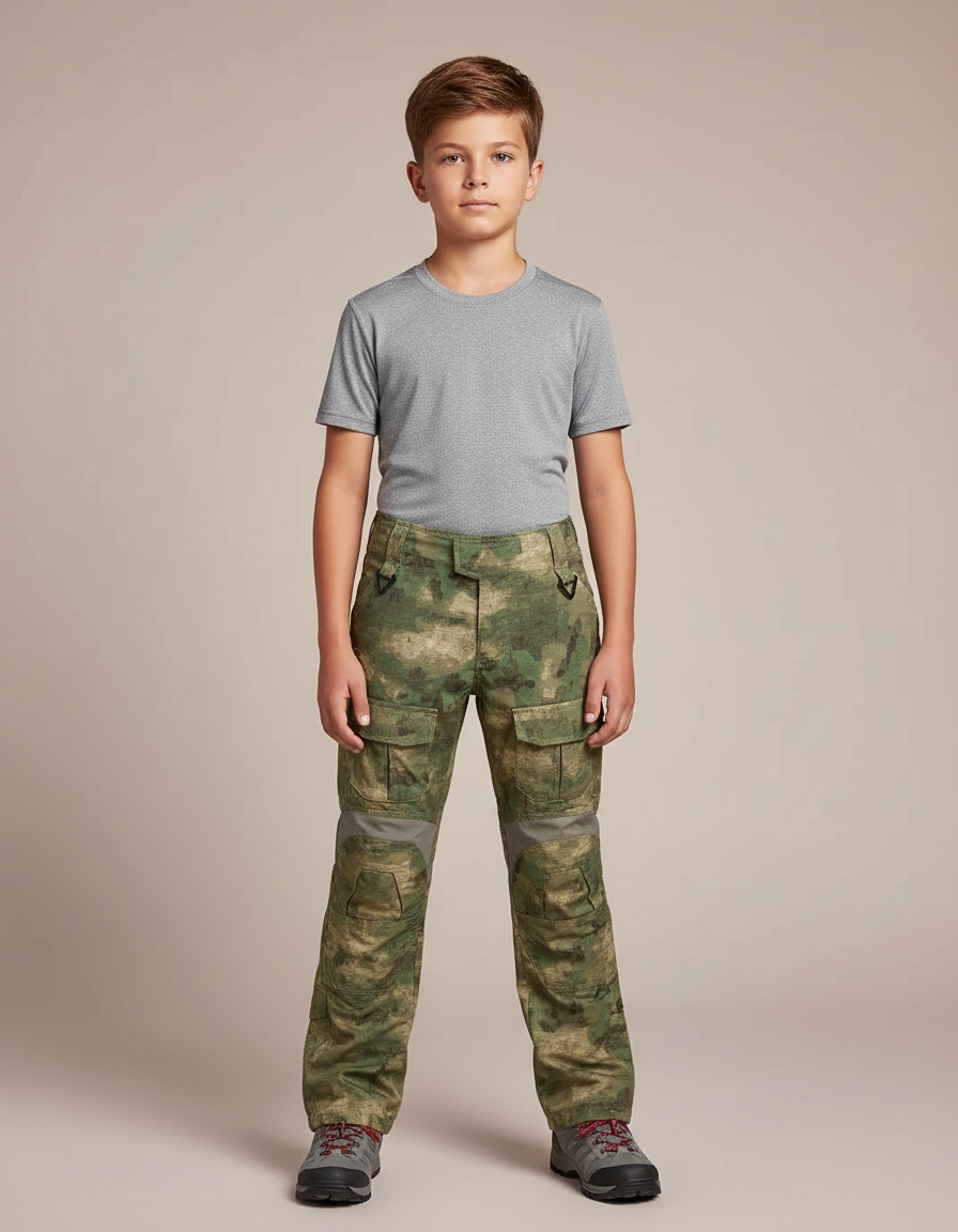 Pantalon Randonnée Camouflage Cargo Enfant Renforcé Multipoches - Kaki Polyester