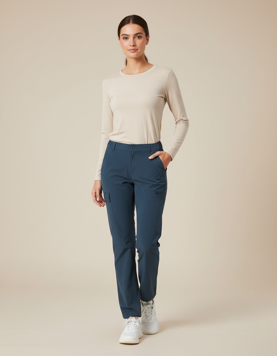 Pantalon Randonnée Femme Cargo Bleu Extensible Léger - Polyester