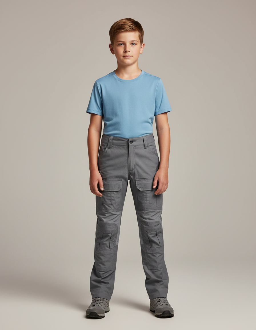 Pantalon Randonnée Gris Multipoches Renforcé Enfant - Polyester