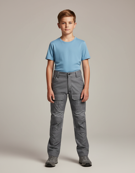 Pantalon Randonnée Gris Multipoches Renforcé Enfant - Polyester