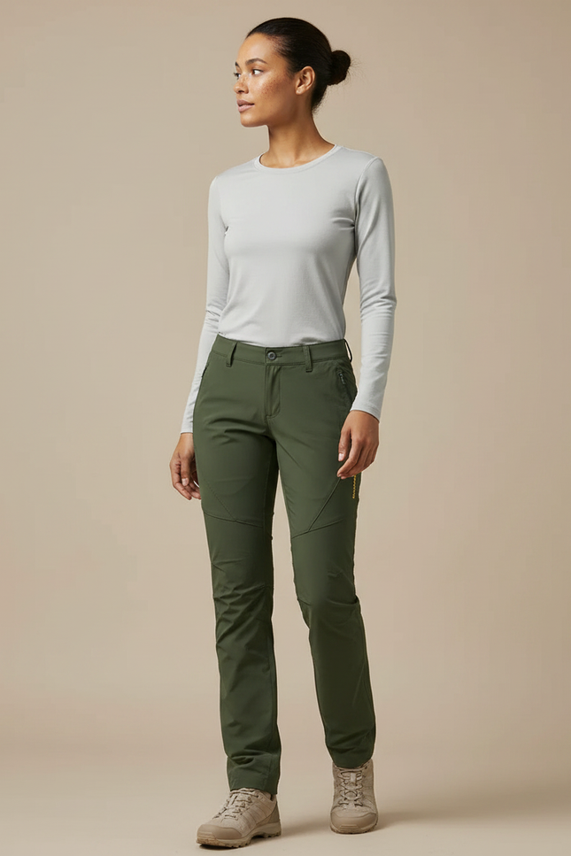 Pantalon Randonnée Vert Olive Femme Stretch Léger - Kaki Polyester