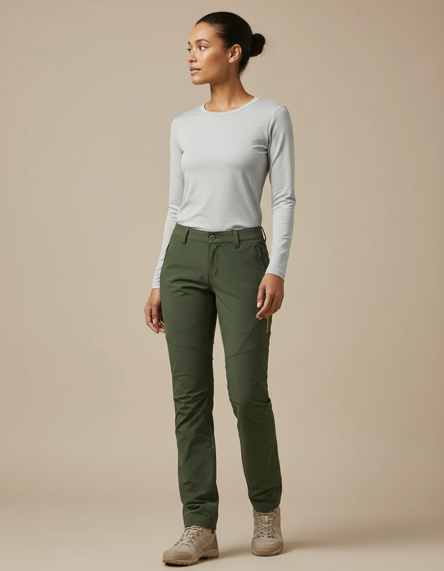Pantalon Randonnée Vert Olive Femme Stretch Léger - Kaki Polyester