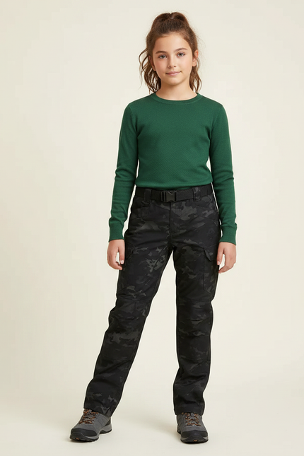 Pantalon Randonnée Camouflage Noir Multipoches Enfant - Polyester