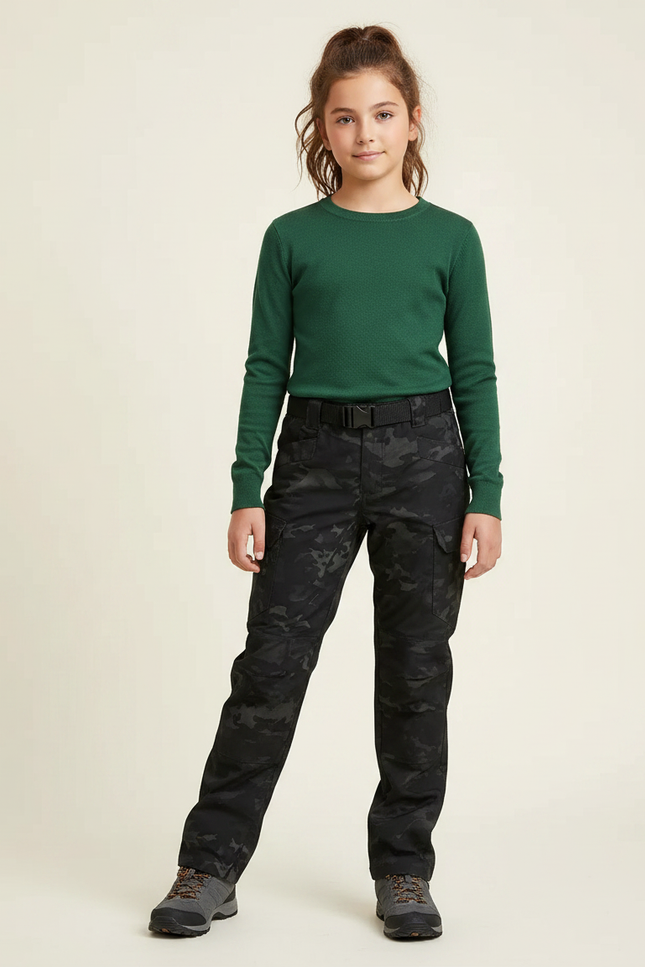 Pantalon Randonnée Camouflage Noir Multipoches Enfant - Polyester