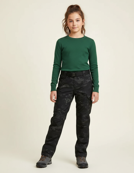 Pantalon Randonnée Camouflage Noir Multipoches Enfant - Polyester