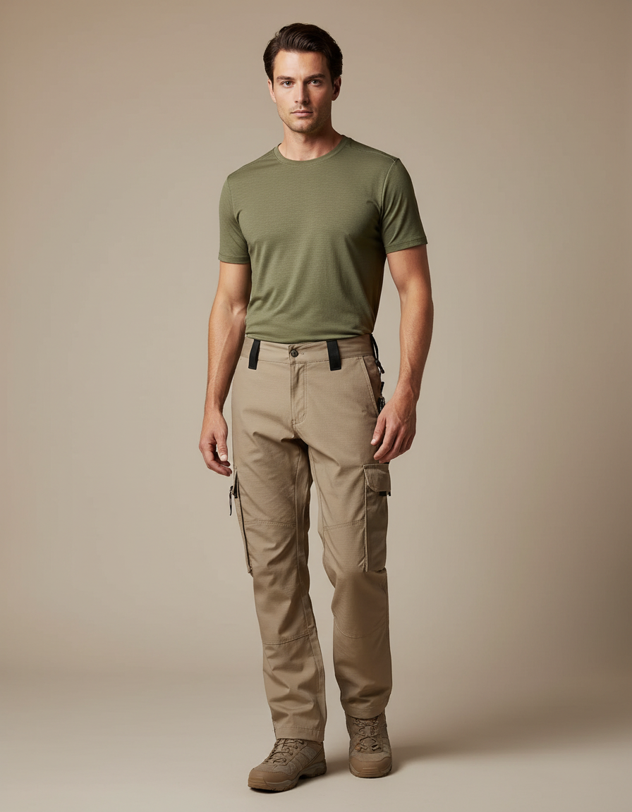 Pantalon Randonnée Beige Tactique Cargo Multi-Poches Homme - Toile