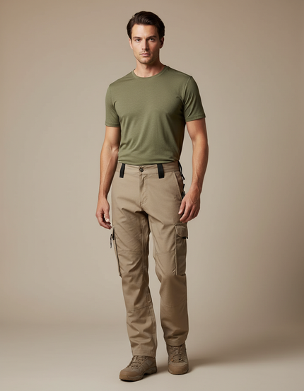 Pantalon Randonnée Beige Tactique Cargo Multi-Poches Homme - Toile