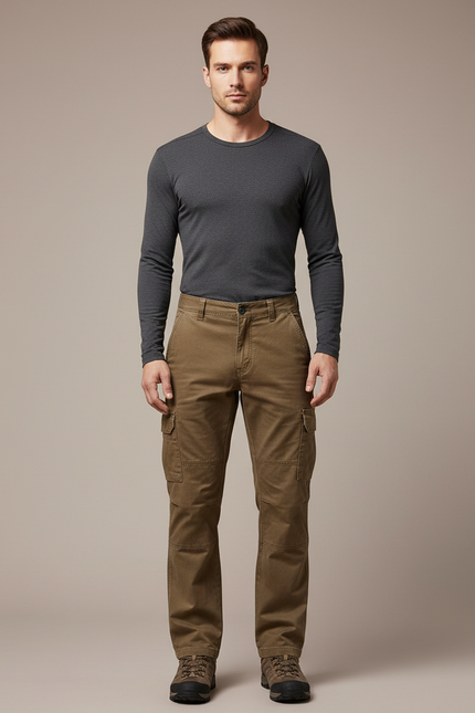 Pantalon Randonnée Cargo Marron Homme Coton Droit - Kaki Toile