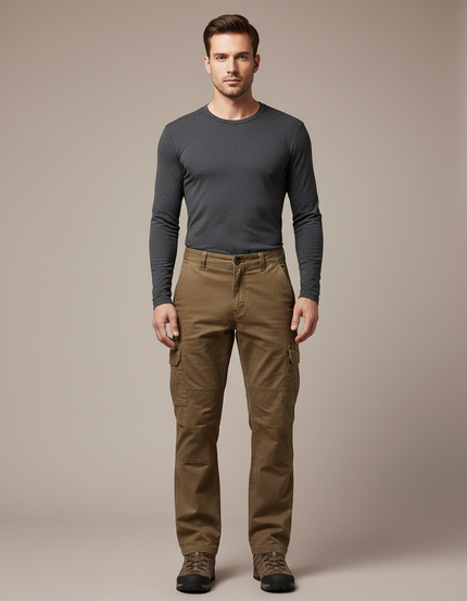 Pantalon Randonnée Cargo Marron Homme Coton Droit - Kaki Toile