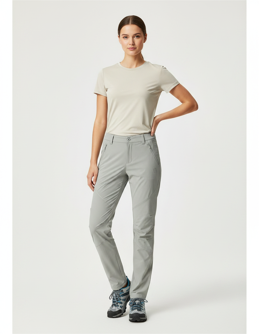 Pantalon Randonnée Gris Clair Femme Stretch Léger - Polyester