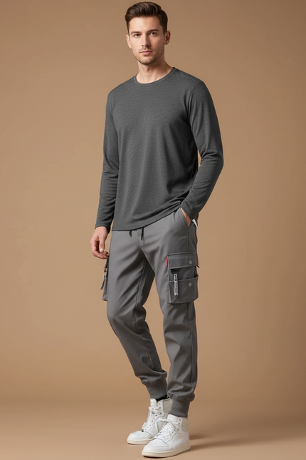 Pantalon Randonnée Gris Cargo Jogger Multi-poches Homme - Polyester