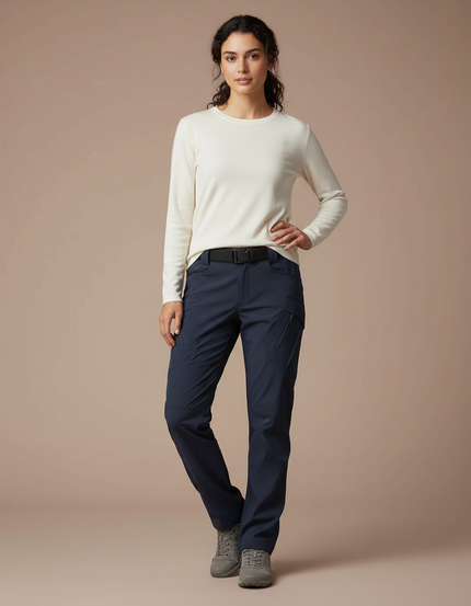 Pantalon Randonnée Bleu Marine Cargo Femme Droit - Polyester