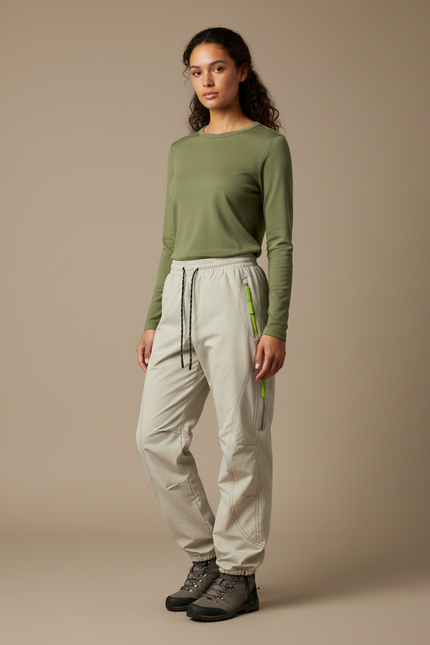 Pantalon Randonnée Beige Femme Ample Cordon Zippé - Polyester