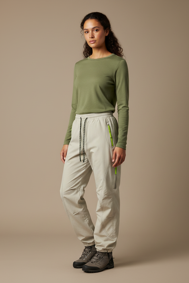 Pantalon Randonnée Beige Femme Ample Cordon Zippé - Polyester