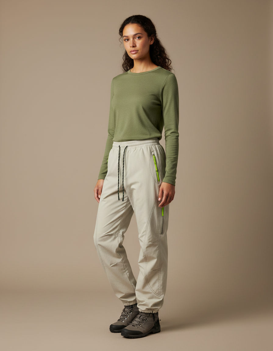 Pantalon Randonnée Beige Femme Ample Cordon Zippé - Polyester