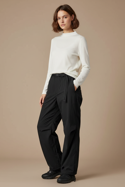 Pantalon Randonnée Noir Ample Nylon Ceinturé Femme - Polyester