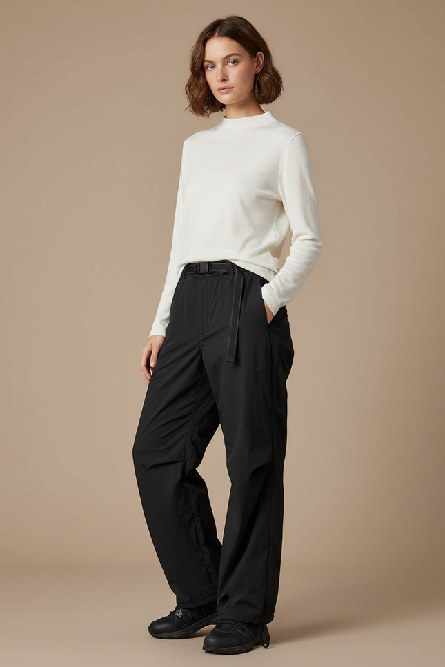 Pantalon Randonnée Noir Ample Nylon Ceinturé Femme - Polyester