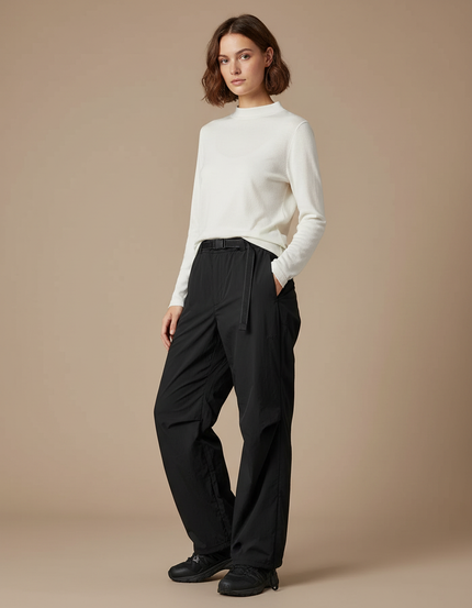 Pantalon Randonnée Noir Ample Nylon Ceinturé Femme - Polyester