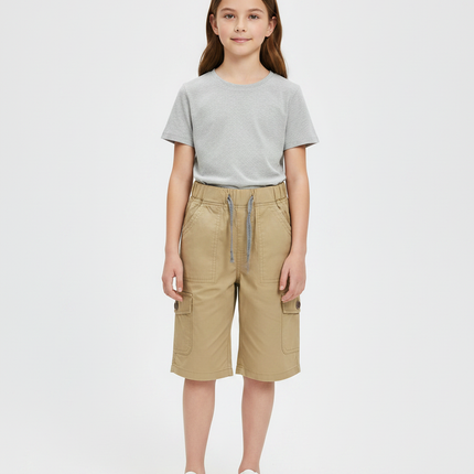 Pantalon Randonnée Kaki Cargo Ample Enfant Cordon - Toile