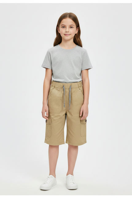 Pantalon Randonnée Kaki Cargo Ample Enfant Cordon - Toile