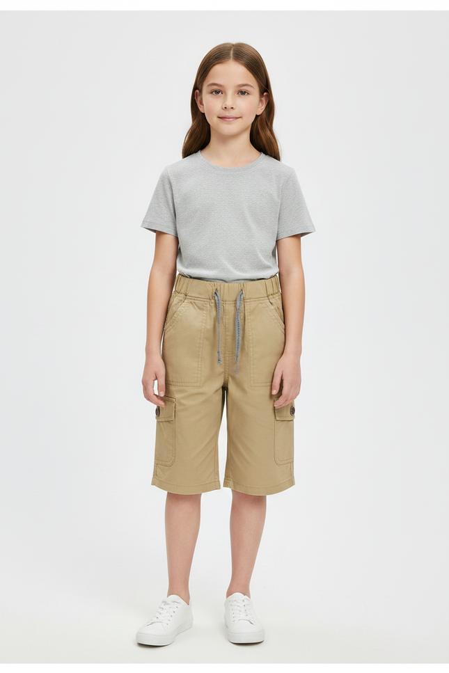 Pantalon Randonnée Kaki Cargo Ample Enfant Cordon - Toile
