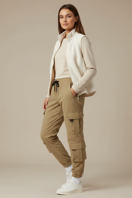 Pantalon Randonnée Beige Cargo Confortable Multipoches Femme - Gabardine