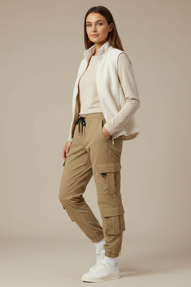 Pantalon Randonnée Beige Cargo Confortable Multipoches Femme - Gabardine