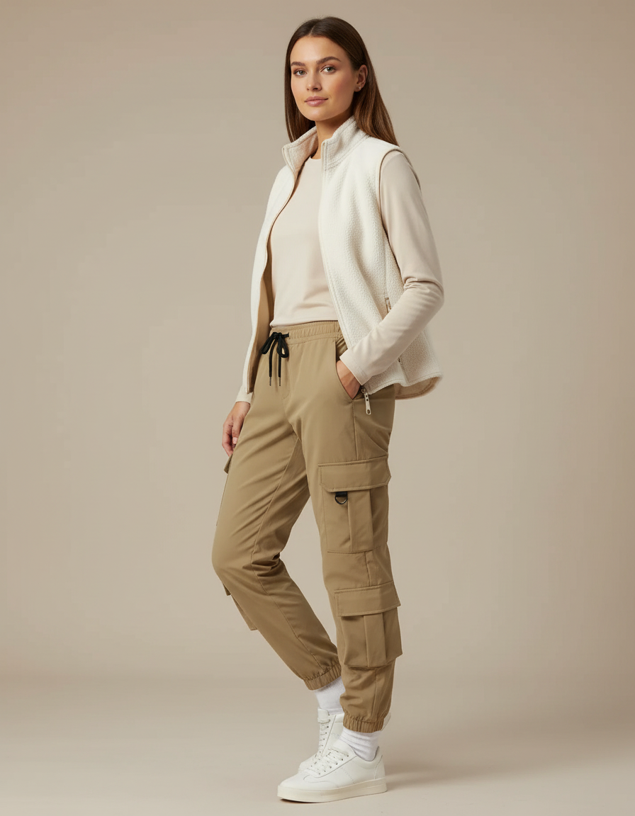 Pantalon Randonnée Beige Cargo Confortable Multipoches Femme - Gabardine