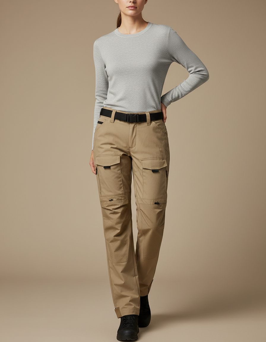 Pantalon Randonnée Beige Cargo Multi-poches Femme - Toile