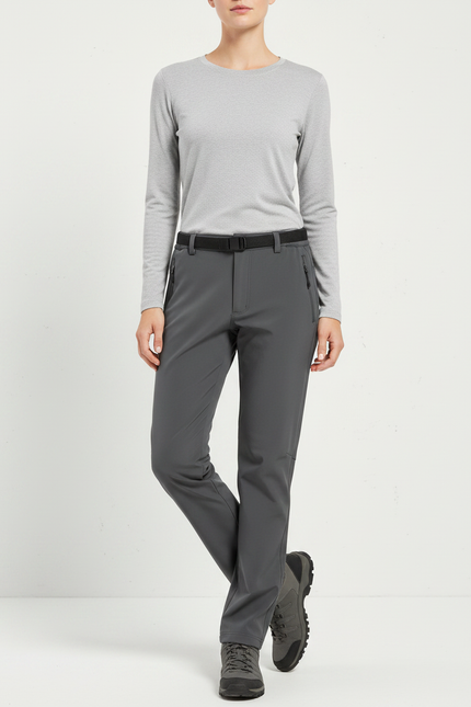 Pantalon Randonnée Femme Gris Coupe Droite Ceinturé - Polyester