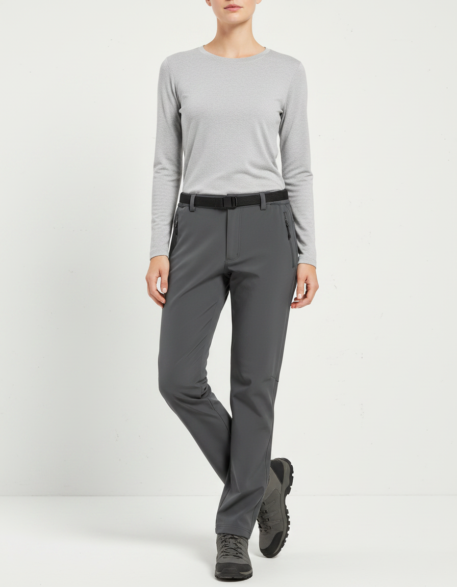 Pantalon Randonnée Femme Gris Coupe Droite Ceinturé - Polyester
