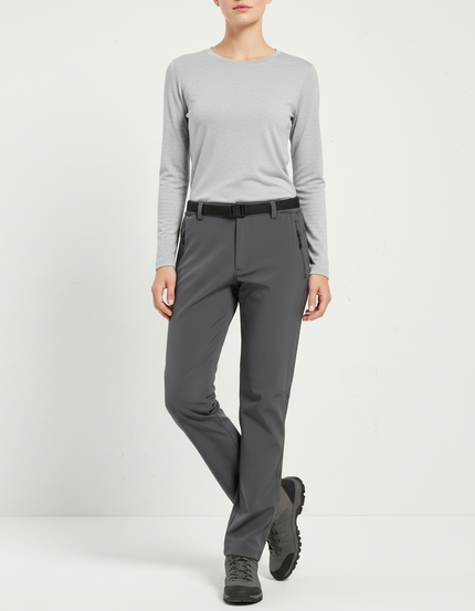 Pantalon Randonnée Femme Gris Coupe Droite Ceinturé - Polyester